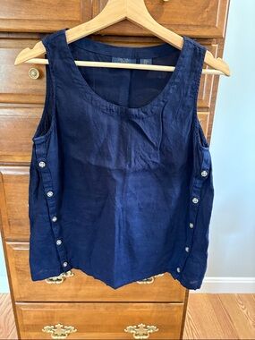 RACHEL Rachel Roy Navy Sleeveless Linen Tank with Side Buttons